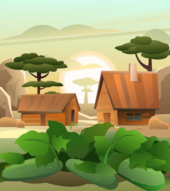 黄瓜成熟了。农夫的房子和谷仓。夏日田园风光。种植蔬菜。灌木丛生的草本植物。卡通趣味风格。沙漠岩石。平面设计。向量图片下载