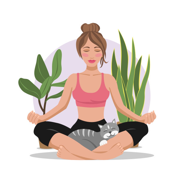 冷静的黑发女子做瑜伽莲花位置与猫。在家练习冥想。图片下载