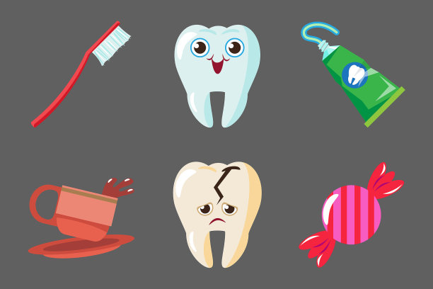 矢量集，孤立的插图卡通风格。牙齿健康，有不健康的黄牙斑，牙齿破裂，牙龈肿胀。图片下载
