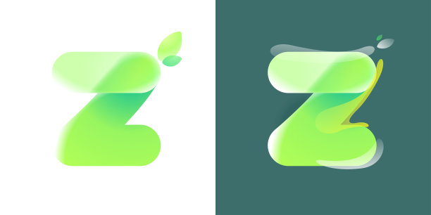 字母Z生态标志与绿色梯度和叶片在玻璃形态风格。图片下载