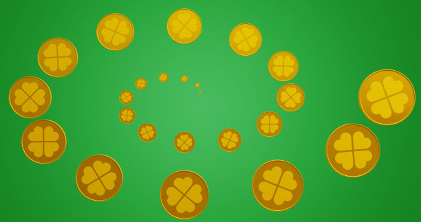 帕特里克。螺旋形状的黄金硬币与三叶草孤立的背景。三维渲染图片下载