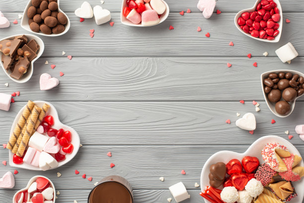 情人节的概念。顶部视图照片的心形碟与巧克力糖果饼干杯子饮料和五彩纸屑在灰色木桌背景与中间的空白图片下载