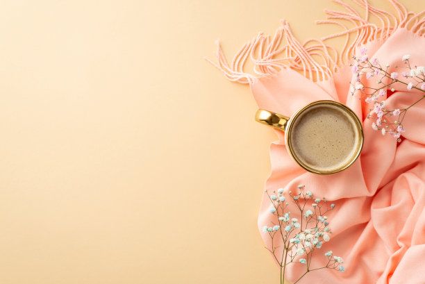 你好，春天概念。顶部视图照片的杯子新鲜可可粉软围巾和石膏花孤立的粉彩米色背景与复制空间图片下载