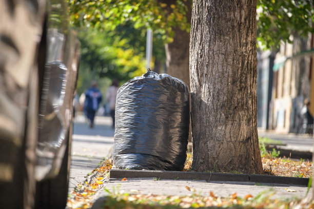 路边一堆黑色垃圾袋，里面装满了待捡的垃圾。垃圾处理概念图片下载