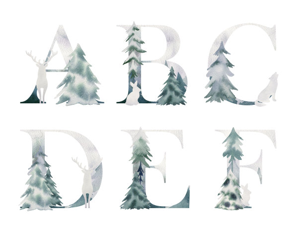 水彩森林字母。图片下载