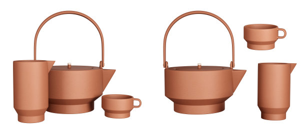 陶制茶壶、壶和杯是分开的。厨房装饰和口音。家居装饰配件。孤立的内部对象。三维渲染图片下载