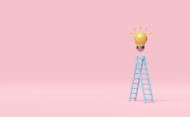 蓝色梯子或梯子与黄色灯泡隔离在粉红色粉彩背景。想法概念，最小抽象，3d插图或3d渲染图片下载