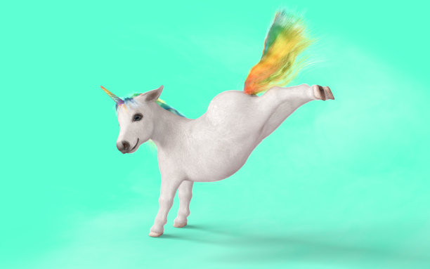白色独角兽与彩虹角孤立在绿色背景。图片下载