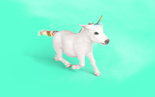 白色独角兽与彩虹角孤立在绿色背景。图片下载