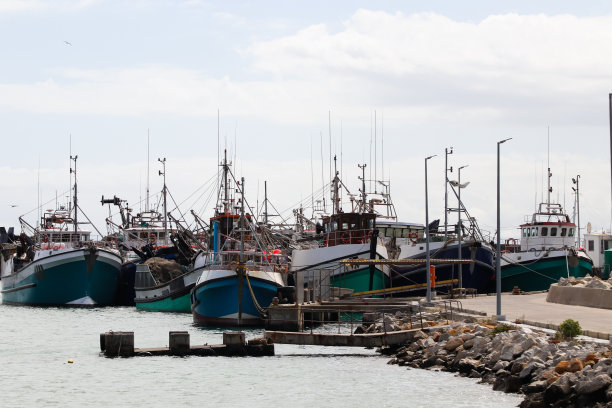 小港口的拖网渔船系在码头上图片下载