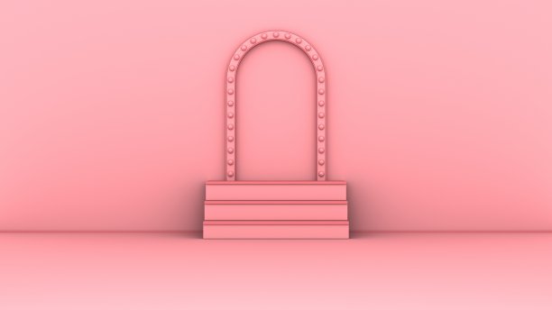 粉红色楼梯门框架和轻多边形风格。三维渲染图片下载