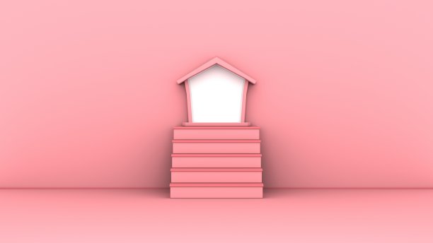 通往球门的楼梯是一座粉红色背景的小房子。三维渲染图片下载