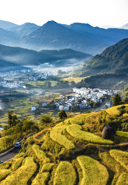 梯田和乡村的秋季景观图片下载