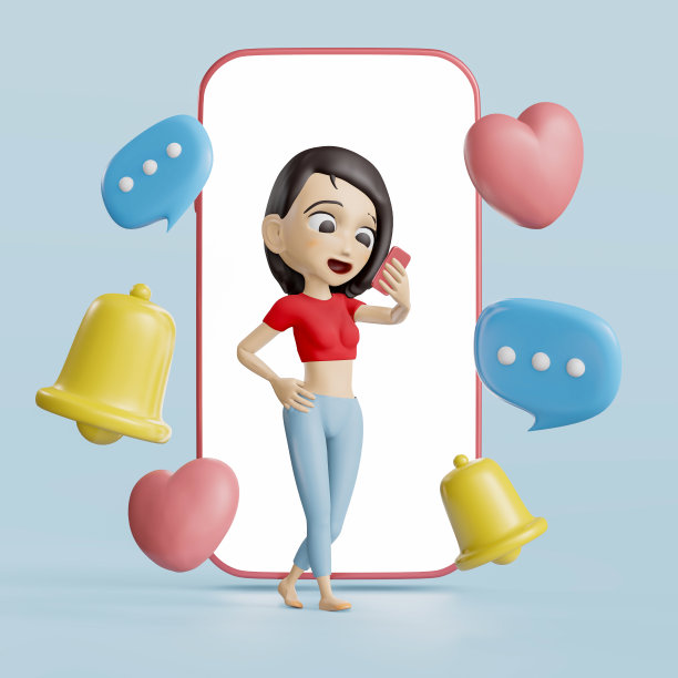 一个有手机背景的运动女孩。三维插图绘制图片下载