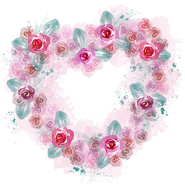 一颗粉红玫瑰的心。白色背景上的水彩画心图片下载