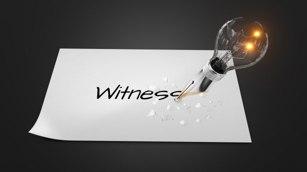 白纸上“证人”一词的3d渲染图，旁边还有一个灯泡，这是一个想法的标志图片下载