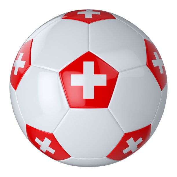 白色足球，白色背景，瑞士国旗。孤立。皮革足球。带补丁的经典球。国家的国旗。3 d演示。图片下载