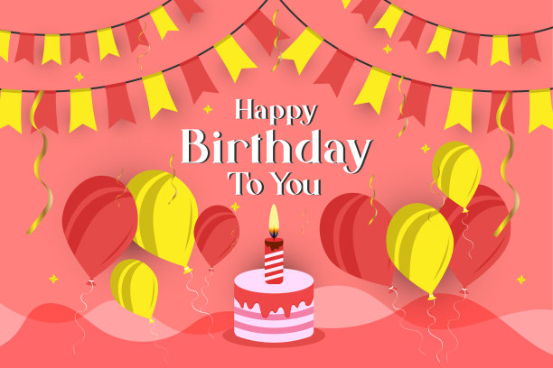 生日快乐祝贺横幅设计与五彩纸屑，气球和光泽闪闪的彩带派对节日背景图片下载