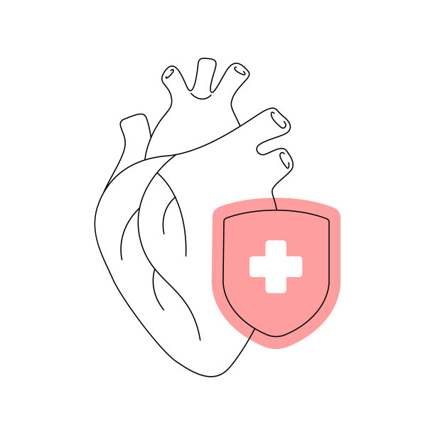 心脏病预防保健收集。矢量线性艺术插图。黑色轮廓解剖心脏与红盾符号在白色背景。心脏病学、医疗保健的设计元素图片下载