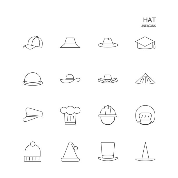 白色背景上的帽子矢量线图标。图片下载