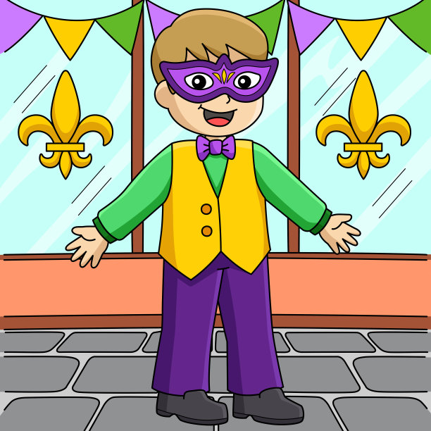 狂欢节男孩与面具彩色卡通图片下载