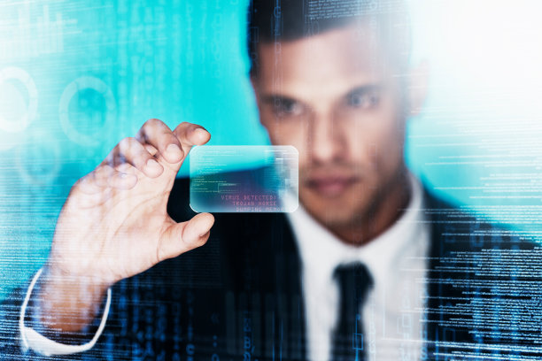 商人，病毒或代码黑客全息图在网络安全公司钓鱼错误，骗局分析或特洛伊木马。缩放，手或编程开发与未来技术抽象防火墙图片下载