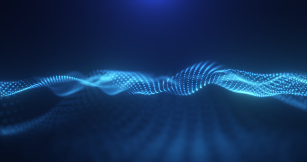 抽象发光的蓝色魔法能量波从粒子和点明亮闪亮的深蓝色背景。抽象的背景图片下载