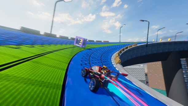 越野赛车街机视频游戏设置在混乱的城市。计算机生成的3D渲染汽车快速行驶，漂移，收集硬币在公路上。视效插图。第三人称视角游戏玩法。图片下载