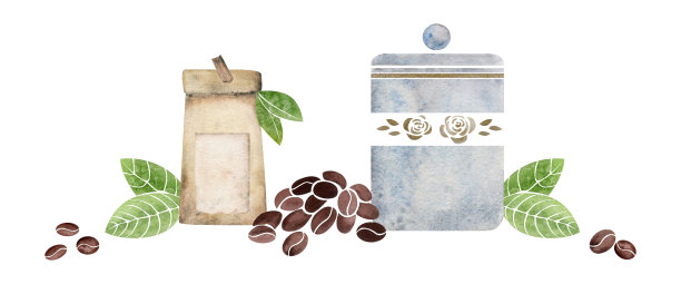 水彩手绘构图与瓷器和金色的咖啡杯，豆子，罐子，袋子，树叶隔离在白色背景上。用于邀请，咖啡馆，餐厅的食物菜单，打印，网站，卡片图片下载