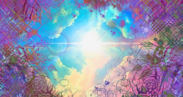 梦幻背景插图的钢笔画框彩色玫瑰和美丽的彩虹云海和天堂的光。图片下载