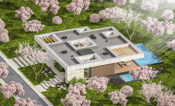 三维渲染的新混凝土房子在春天的现代风格图片下载
