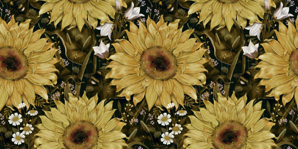 无缝模式与黄色向日葵，白色铃铛，雏菊，大黄蜂。深色碎花壁纸。手绘，3d插图。夏天的田野花。壁纸、纺织品、服装的奢华设计图片下载