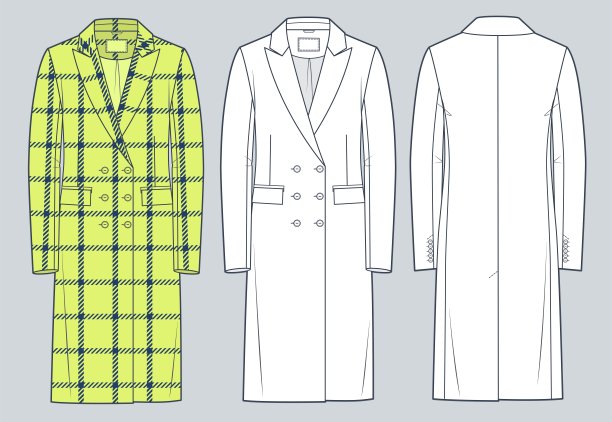经典双排扣大衣技术时尚插画，黄色格纹设计。夹克时尚平面技术图纸模板，正面和背面视图，白色，外套女性，男性，男女通用的CAD模型集。图片下载