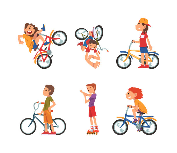 孩子们骑自行车和摔倒的设定卡通图片下载