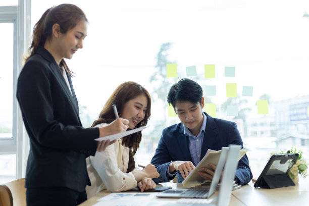 业务合作伙伴会议，同事会议，讨论项目计划和市场研究，以促进业务利润增长。组织中人员的协作。图片下载