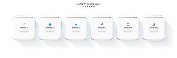 时间轴信息图与信息图表。现代表示模板与6 spets业务流程。网站模板在白色背景的概念现代设计。横向布局。图片下载
