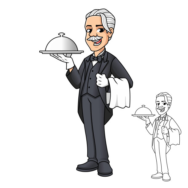快乐管家拿着盘子矢量字符插图图片下载