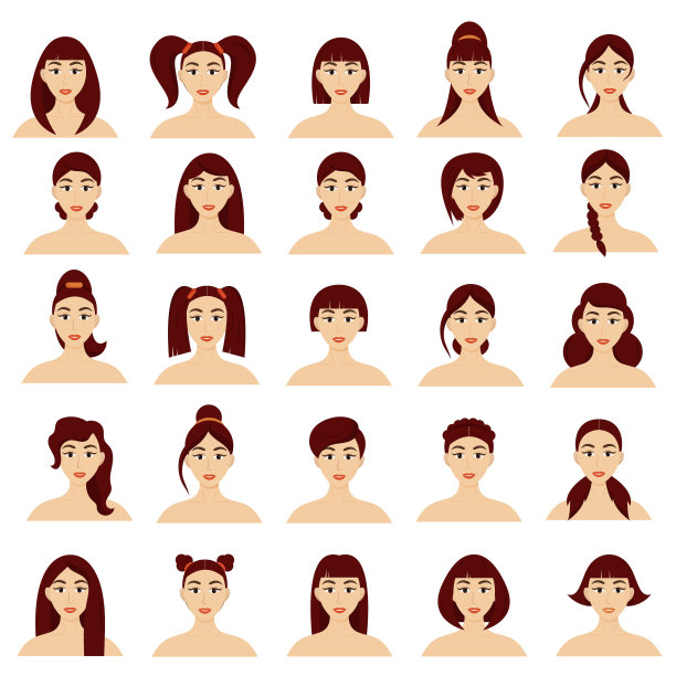 一套女人的发型。漂亮的年轻黑发女孩与不同的发型图片下载