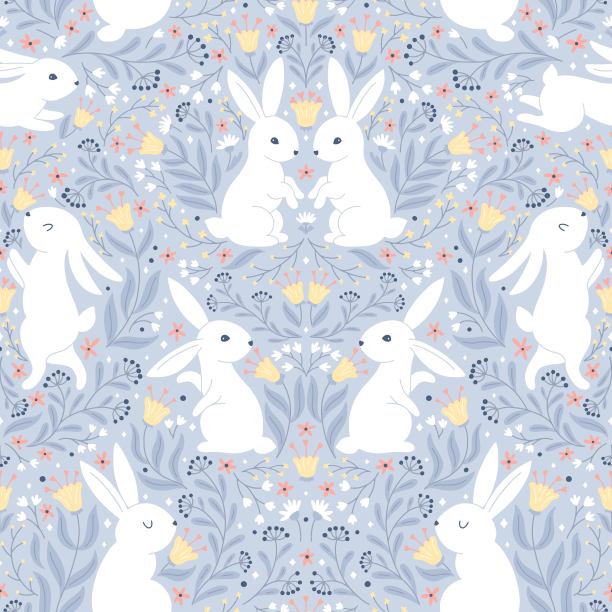 对称的复活节复古无缝模式与民间风格的白兔奇妙的花。卡通可爱的动物人物在手绘涂鸦风格。有限的粉彩调色板。向量。图片下载