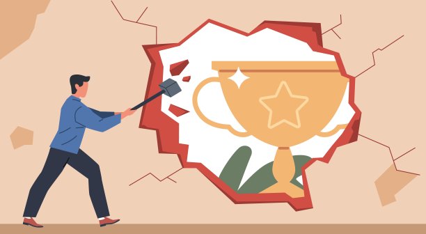 克服问题会摧毁墙。商人用锤子砸障碍，通往成功之路，为目标奋斗，事业成长和目标实现，如今向量卡通概念图片下载