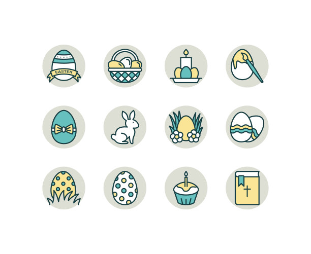 复活节平线图标设置。包含彩色鸡蛋、兔子、篮子、蛋糕和小鸡等图标。简单的平面矢量插图网站或移动应用程序图片下载