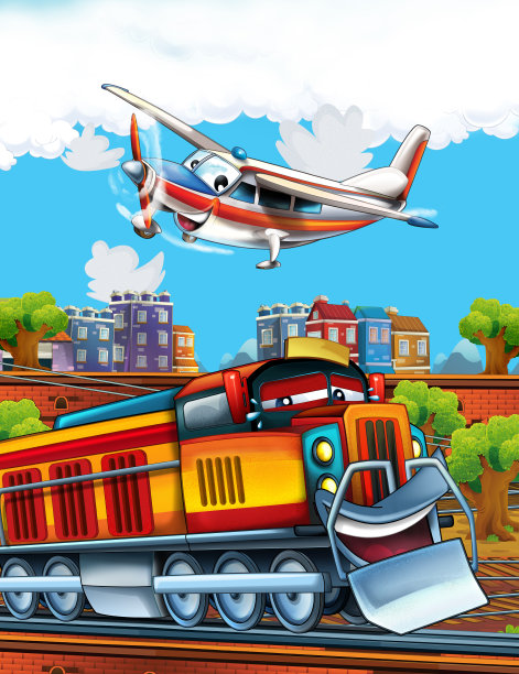 卡通有趣的蒸汽火车在城市附近的火车站和飞行的飞机-插图给孩子图片下载