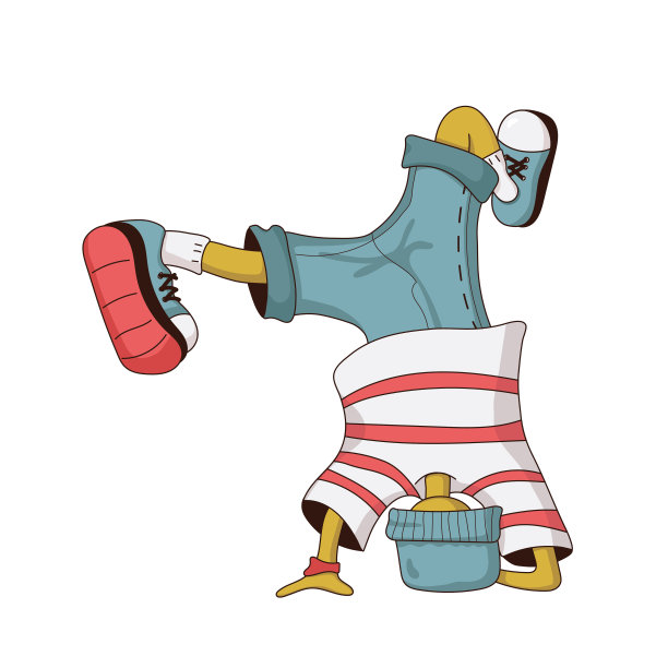 霹雳舞舞者正在用一只手做饰带。说唱乐乐迷跳跃。明亮的彩色字符在白色背景。剪纸艺术。矢量图图片下载