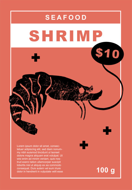 虾。一套海报的鱼和海鲜在一个抽象的绘画设计。标签或海报，价格标签。简单，平面设计。图案和背景。完美的海报，封面，横幅。图片下载