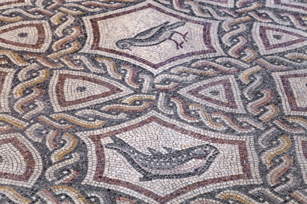 以色列洛德市的著名罗马马赛克地面残片，现藏于谢尔比·怀特和莱昂·利维洛德马赛克中心。马赛克描绘了陆地动物、鱼类和两艘罗马船只。图片下载