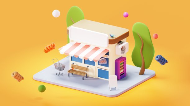 商店建筑在孤立的橙色背景与自动售货机，购物车，招牌，树木，长凳和空调3d渲染图片下载