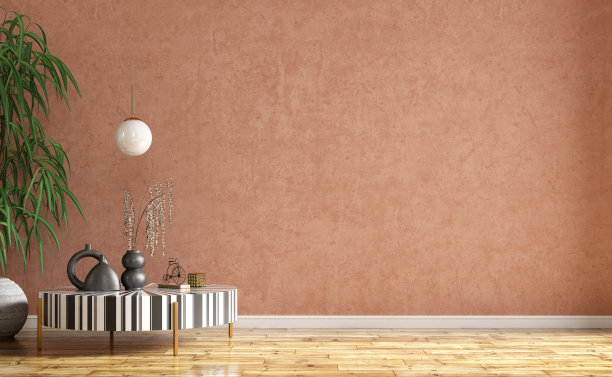 客厅的内部背景是桃红色的灰泥墙。花瓶与细枝装饰口音咖啡桌。空模拟墙和木地板，吊灯。现代家居装饰。三维渲染图片下载