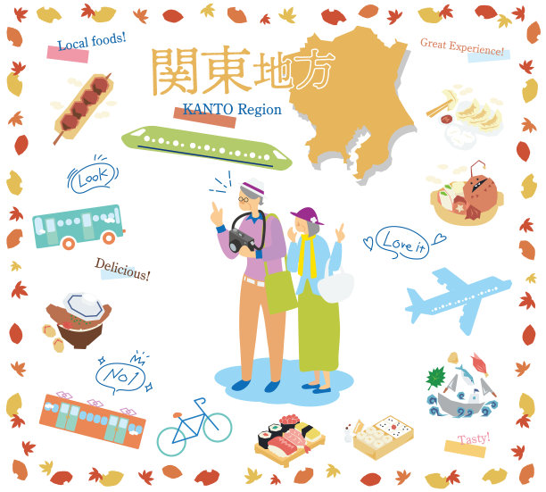 老年夫妇在日本关东地区享受秋天的美食观光，图标套装(平)图片下载