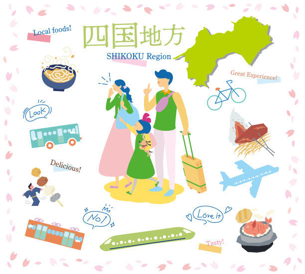 在日本四国地区享受春天美食观光的一家三口，一套图标(平)图片下载