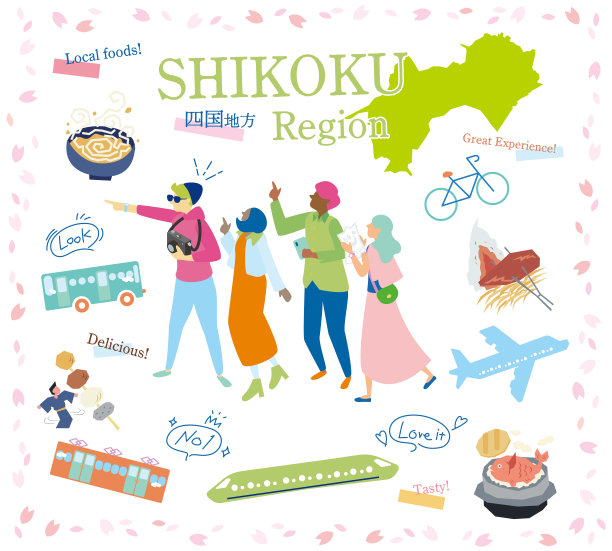 游客们在日本四国地区享受春天的美食观光，一套图标(平)图片下载